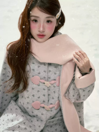 BIBIBENCY - Gray Floral Scarf-Trim Wool-Look Coat