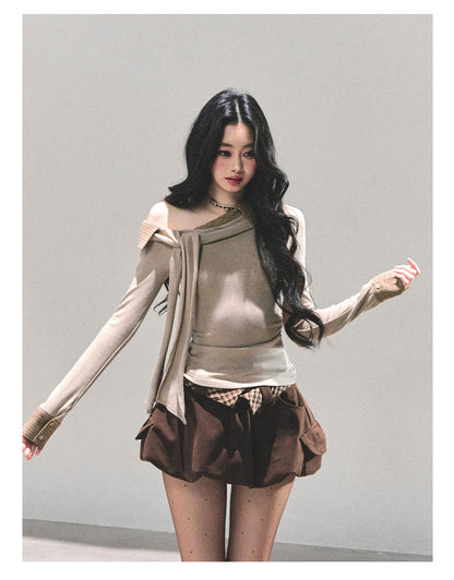 少也眼 “The Quiet Passing” Asymmetric Knit Off-Shoulder Top - Oatmeal 65624