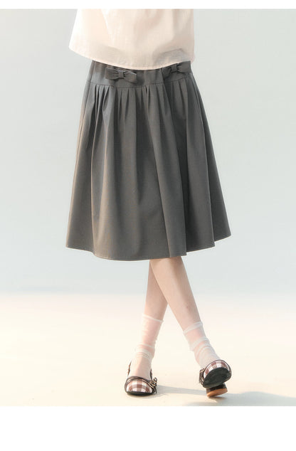 "Cloud Gray Sweet Pleats" Gray Stripe Bow Pleated Skirt LL2026219