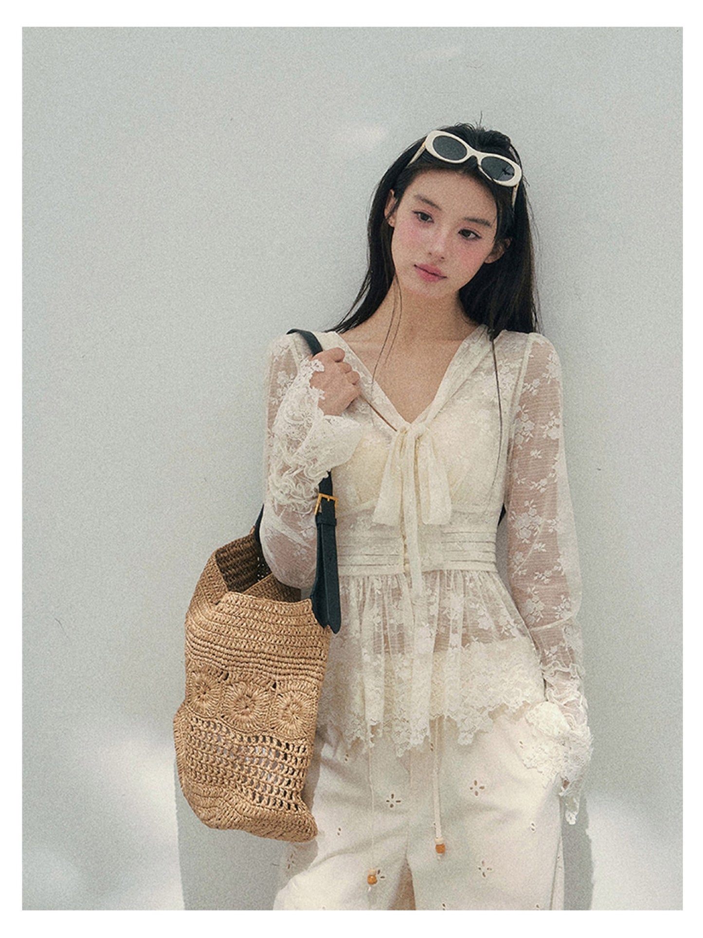 少也眼 “Lace’s Fading Dream” Sheer Lace V-Neck Cinched Top 53663788558