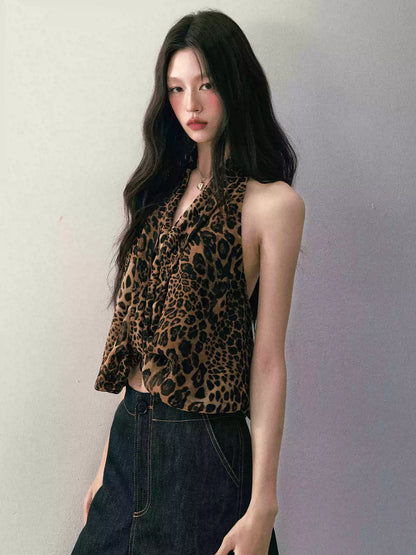 1P - Leopard Print Halter V-Neck Knot Top