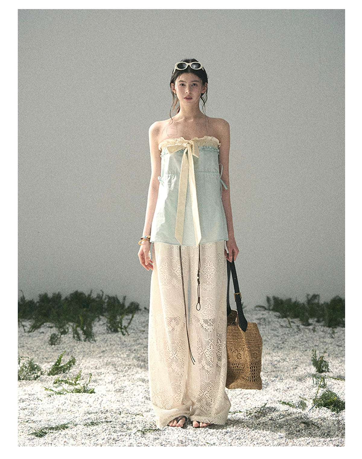 “Blue Whispers on Ivory” Mint Ruffle Bustier Top