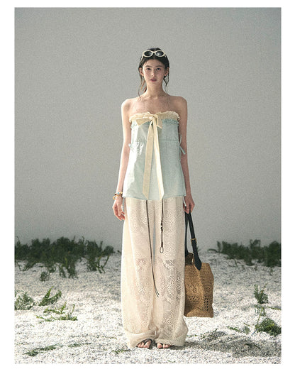 “Blue Whispers on Ivory” Mint Ruffle Bustier Top