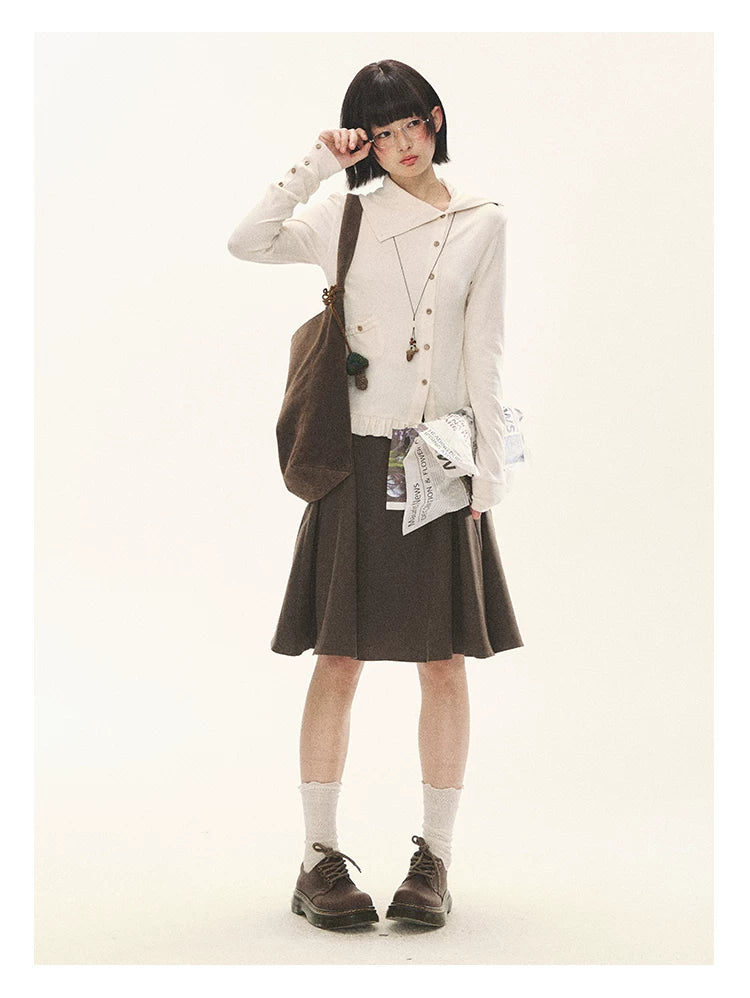 "Cotton Ruffle" Tea Apricot Asymmetric Knit Cardigan