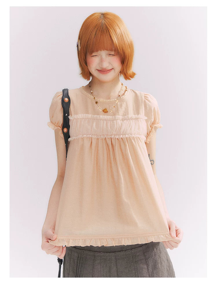 “Orange Soda” Seashell Orange Mesh Panel Puff Sleeve Top