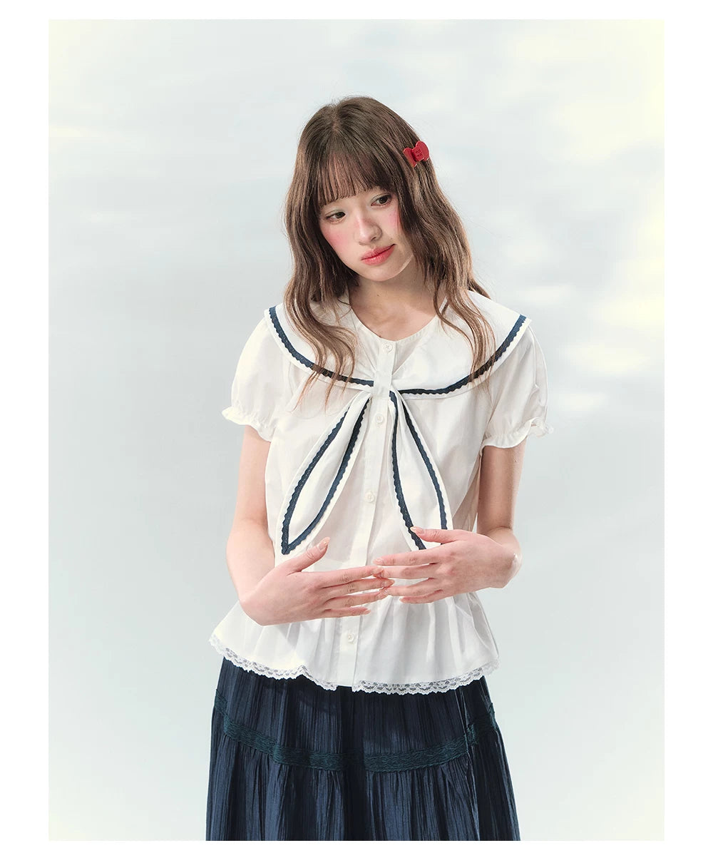 “Letter from Sea Isle” White & Navy Sailor Collar Blouse and Tiered Skirt Set