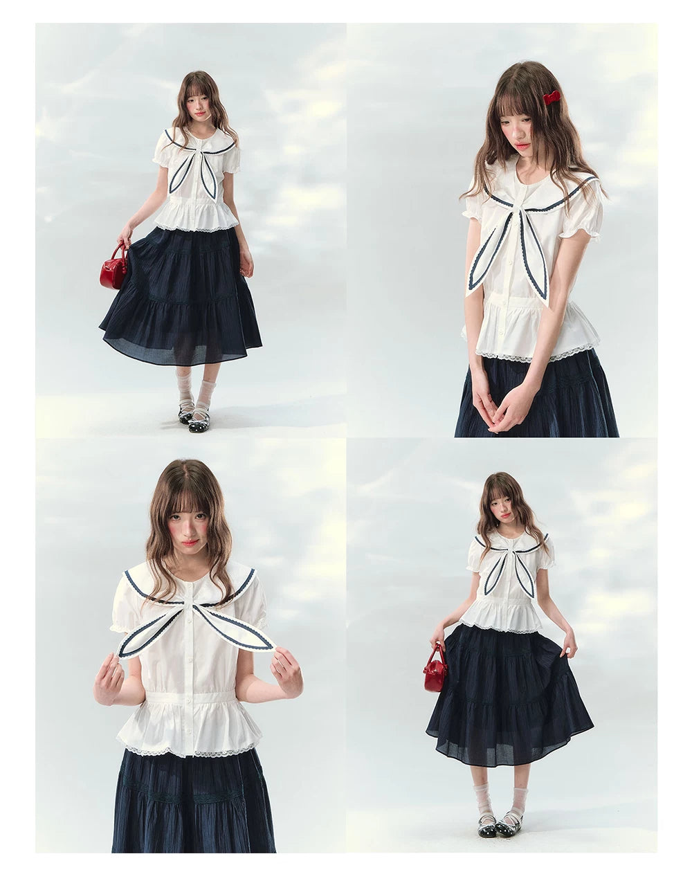 “Letter from Sea Isle” White & Navy Sailor Collar Blouse and Tiered Skirt Set