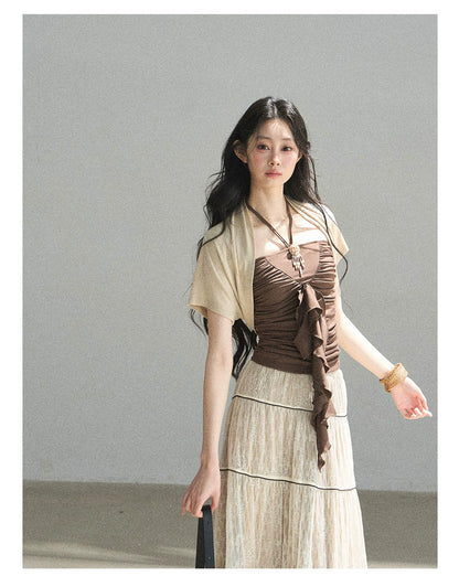 "In the Evening Breeze" Chestnut Brown Halter Ruched Top & Milk Tea Shrug Set