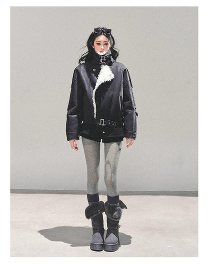 少也眼 "Time’s Hidden Reef" Faux Fur-Lined Cotton Jacket with Belt 8731321