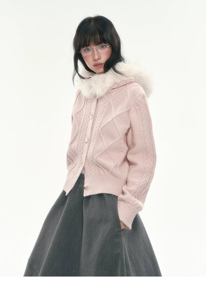 [CAN] Cable Knit Hooded Cardigan (Navy / Dusty Pink)