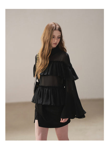 170726 "Veiled in the Evening Mist" Tranquil Black Ruffle Blouse