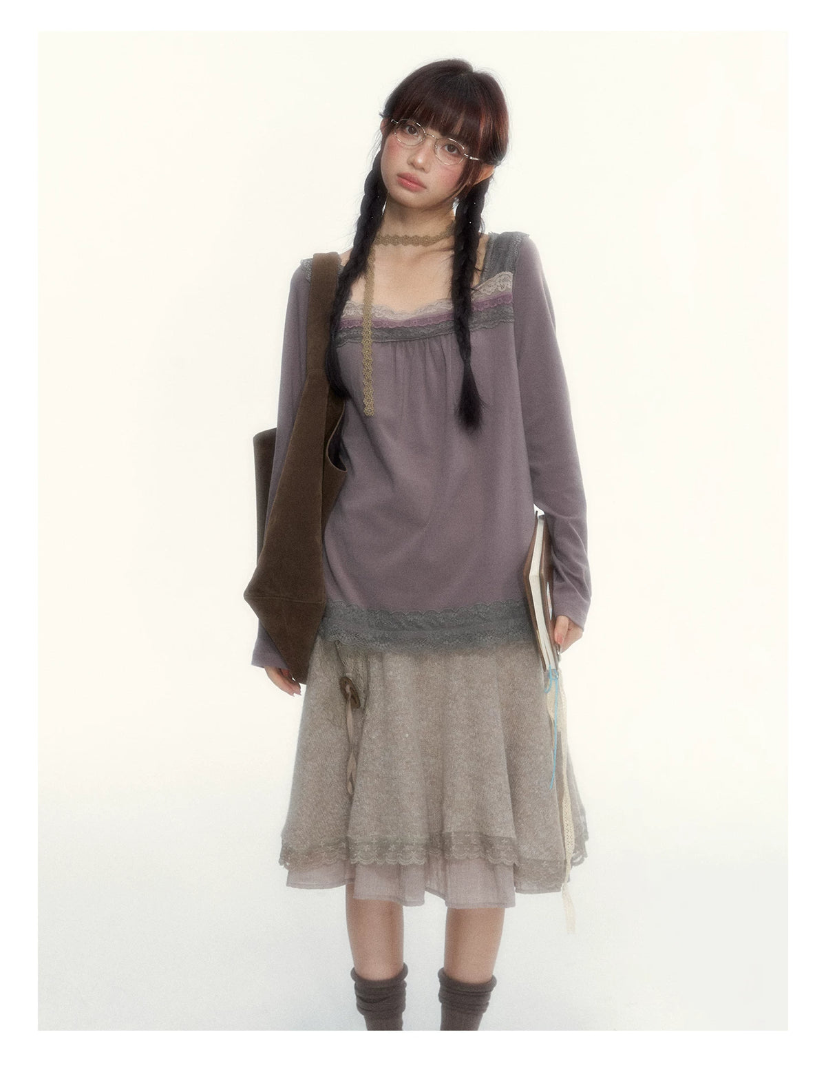 Gray Purple Lace-Trimmed Square-Neck Long-Sleeve T-Shirt