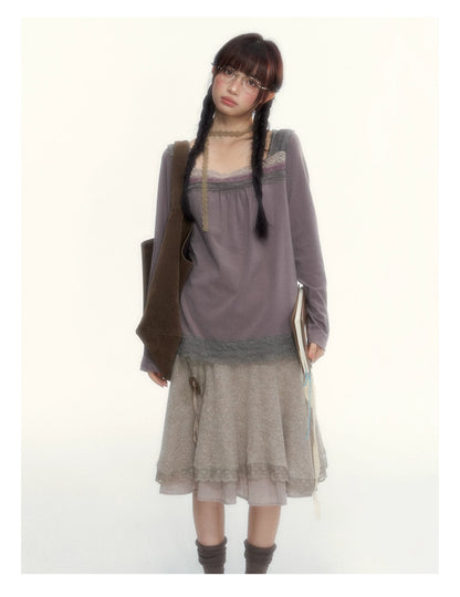 Gray Purple Lace-Trimmed Square-Neck Long-Sleeve T-Shirt
