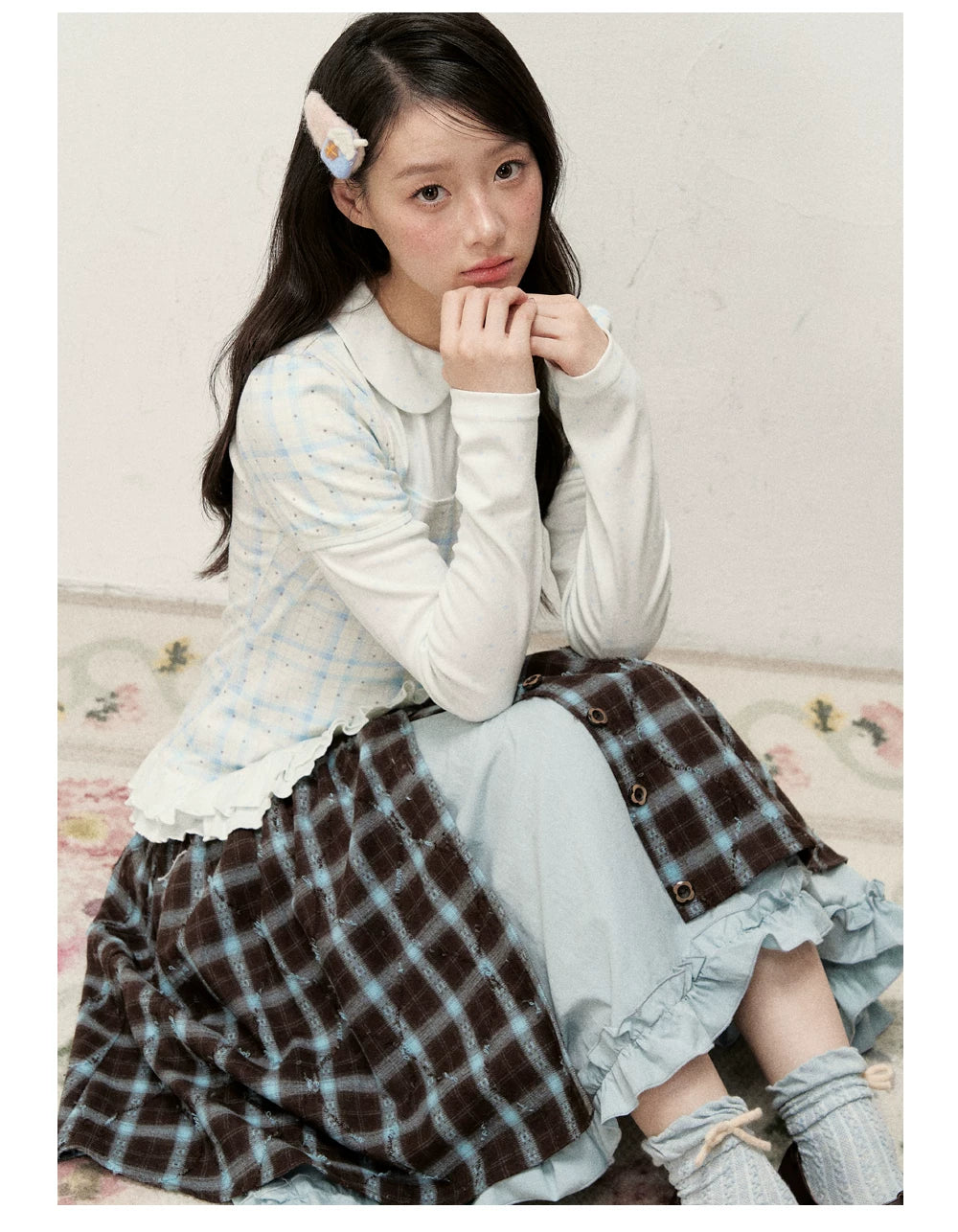 [RF] Blue & Brown Plaid Midi Skirt with Floral Buttons & Ruffle Trim