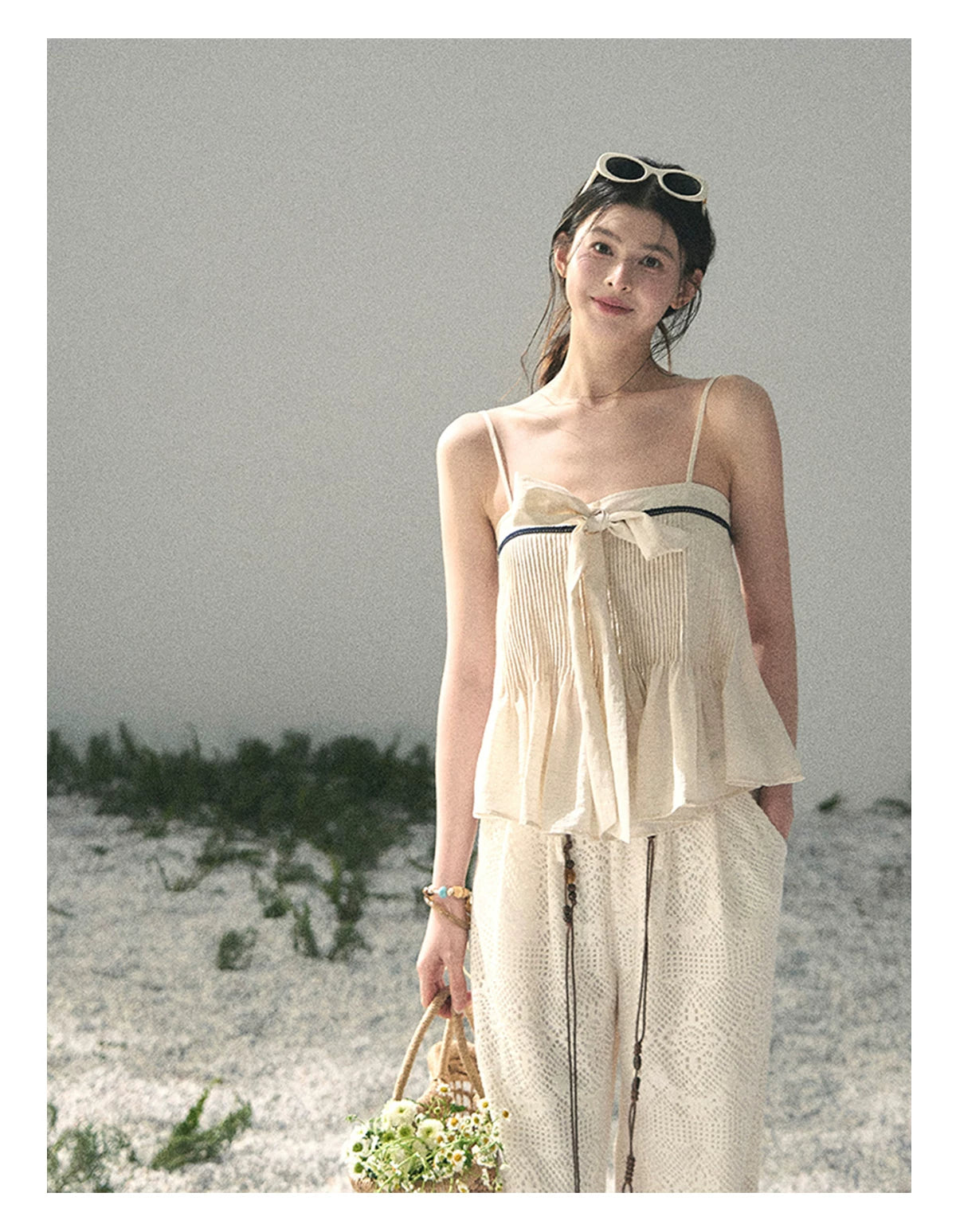 “Breeze Over Pleats” Cream Ribbon Camisole Top