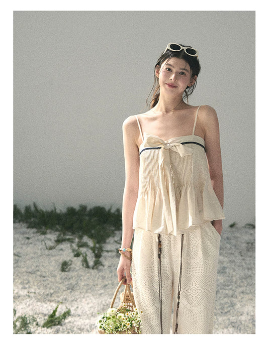 “Breeze Over Pleats” Cream Ribbon Camisole Top
