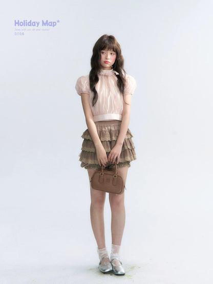 Vintage Stand Collar Bow Puff Sleeve Waist-Cinching Blouse with Knit Cami Set
