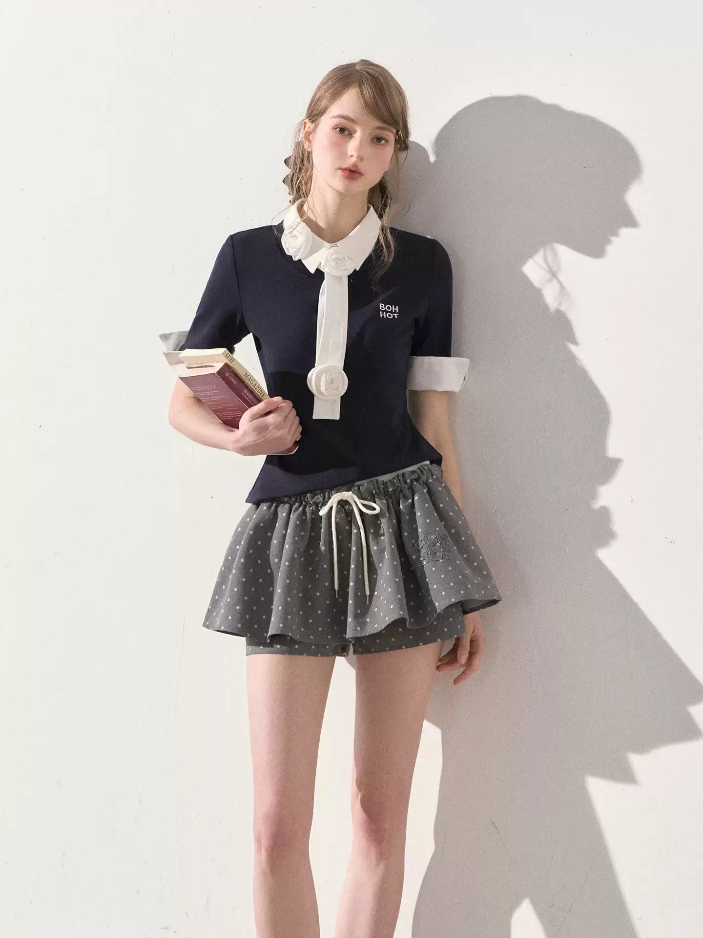 "Beyond the Classroom" Navy Layered Knit Top with Floral Tie