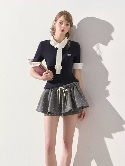 "Beyond the Classroom" Navy Layered Knit Top with Floral Tie