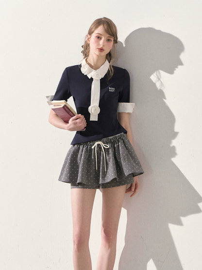 "Beyond the Classroom" Navy Layered Knit Top with Floral Tie