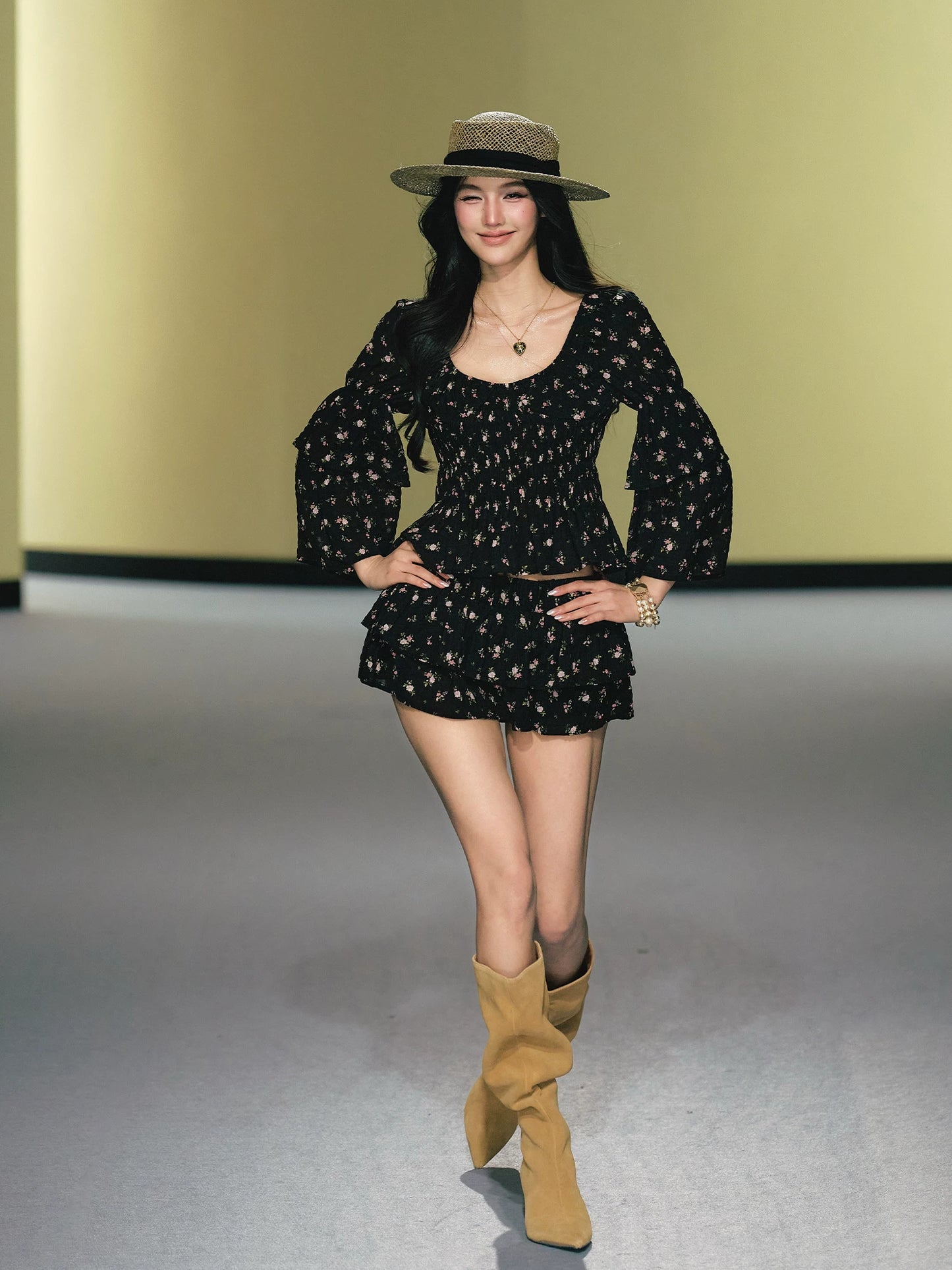 "Midnight Tea Garden" Black Floral Ruffle Blouse & Tiered Mini Skirt Set