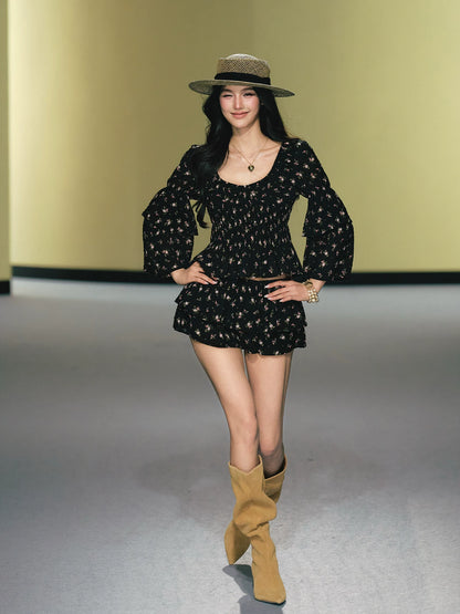 "Midnight Tea Garden" Black Floral Ruffle Blouse & Tiered Mini Skirt Set