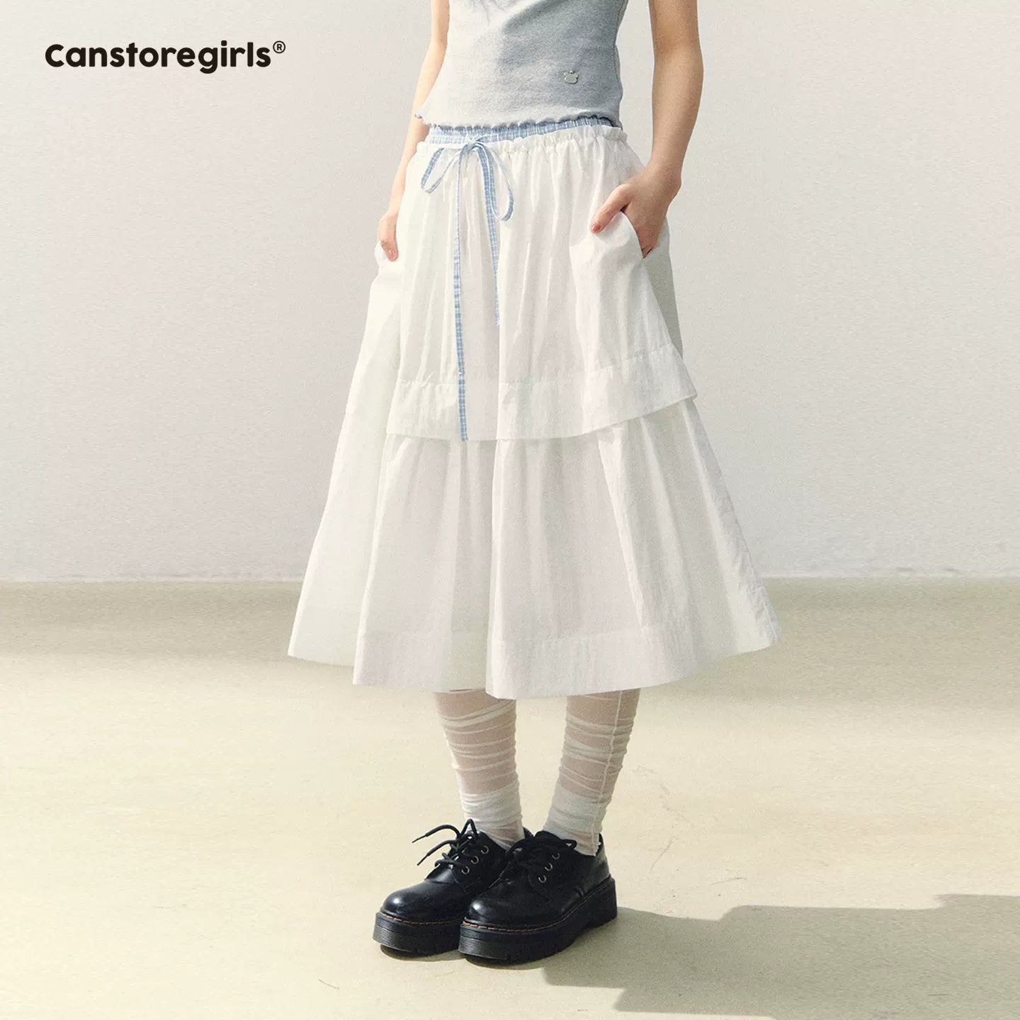 "Milky Peach Plaid Roll" Pleated Hem A-line Midi Skirt WW2026055