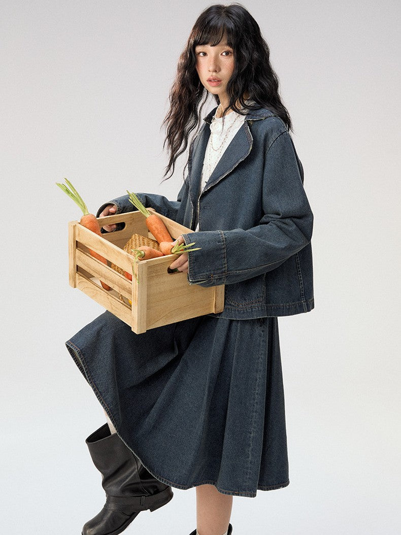 [CAN] "Wildflower Echoes" Vintage Indigo Denim Set (Jacket / Flared Pants / Midi Skirt)