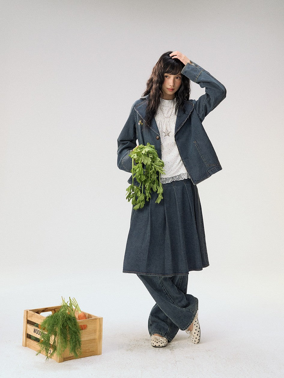[CAN] "Wildflower Echoes" Vintage Indigo Denim Set (Jacket / Flared Pants / Midi Skirt)