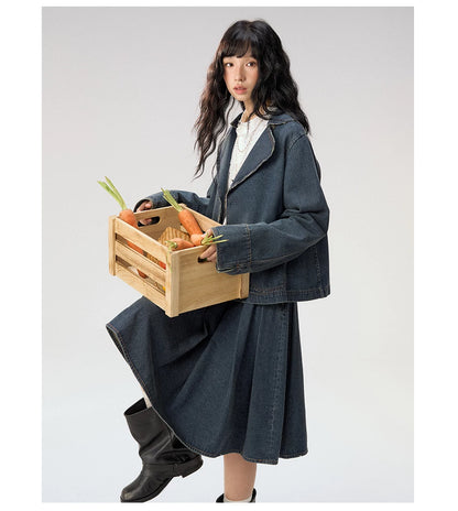 [CAN] "Wildflower Echoes" Vintage Indigo Denim Set (Jacket / Flared Pants / Midi Skirt)
