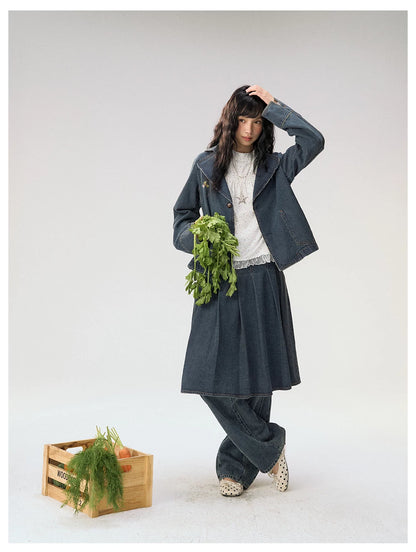 [CAN] "Wildflower Echoes" Vintage Indigo Denim Set (Jacket / Flared Pants / Midi Skirt)