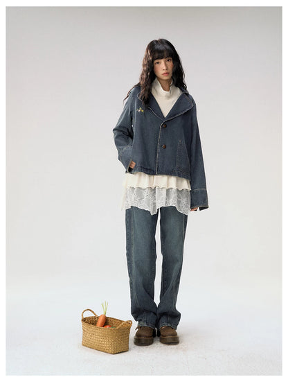[CAN] "Wildflower Echoes" Vintage Indigo Denim Set (Jacket / Flared Pants / Midi Skirt)