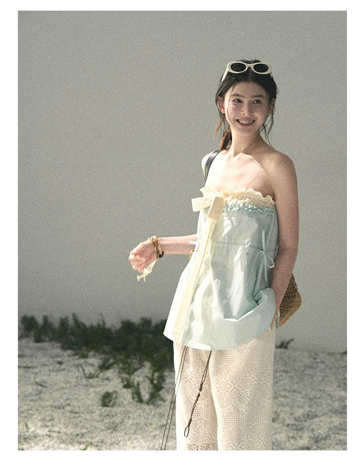 “Blue Whispers on Ivory” Mint Ruffle Bustier Top