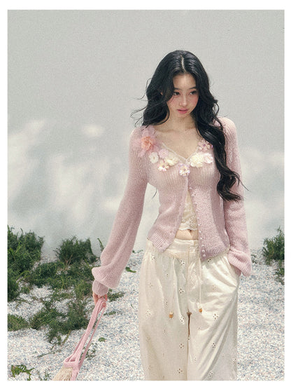 少也眼 “Spring Meadow Breeze” Floral-Embellished Mohair Knit Cardigan Set 5786998
