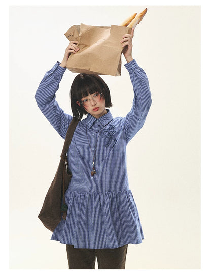 "Holiday Blues" Blue Plaid Bow Shirt Mini Dress