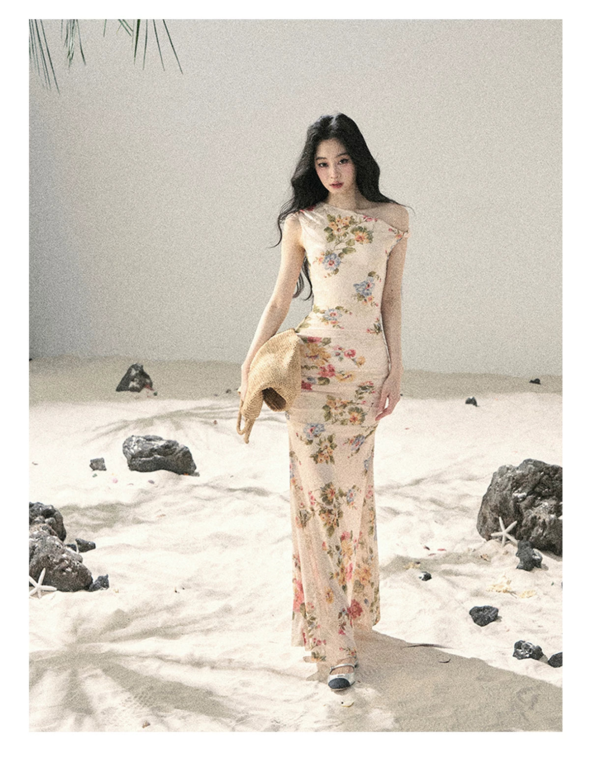 "Waiting for Blossoms" Dutch Cream Floral Mermaid Maxi Dress 43236