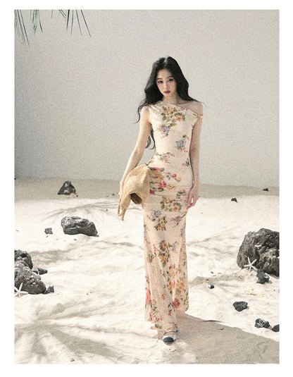 "Waiting for Blossoms" Dutch Cream Floral Mermaid Maxi Dress 43236