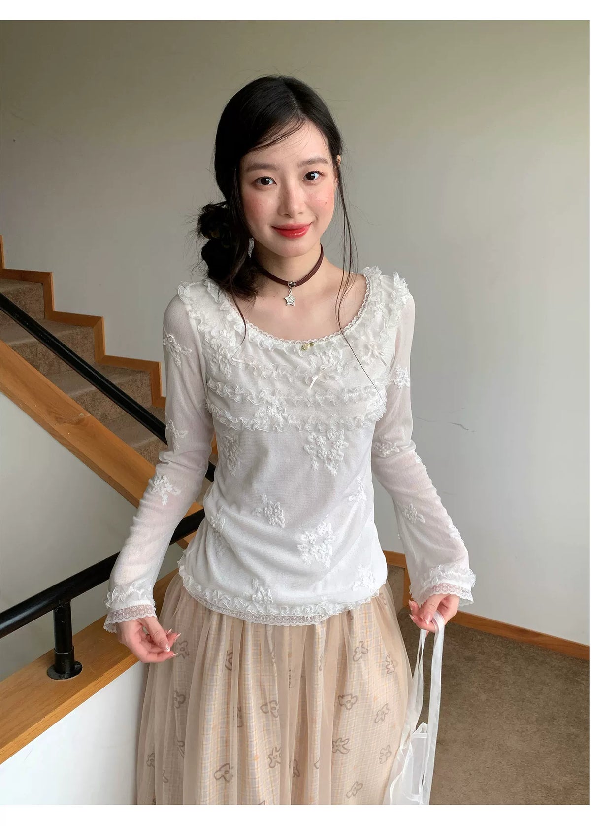 [RF] “Pearl Mist Reverie” White Lace-Trim Sheer Mesh Long-Sleeve Top