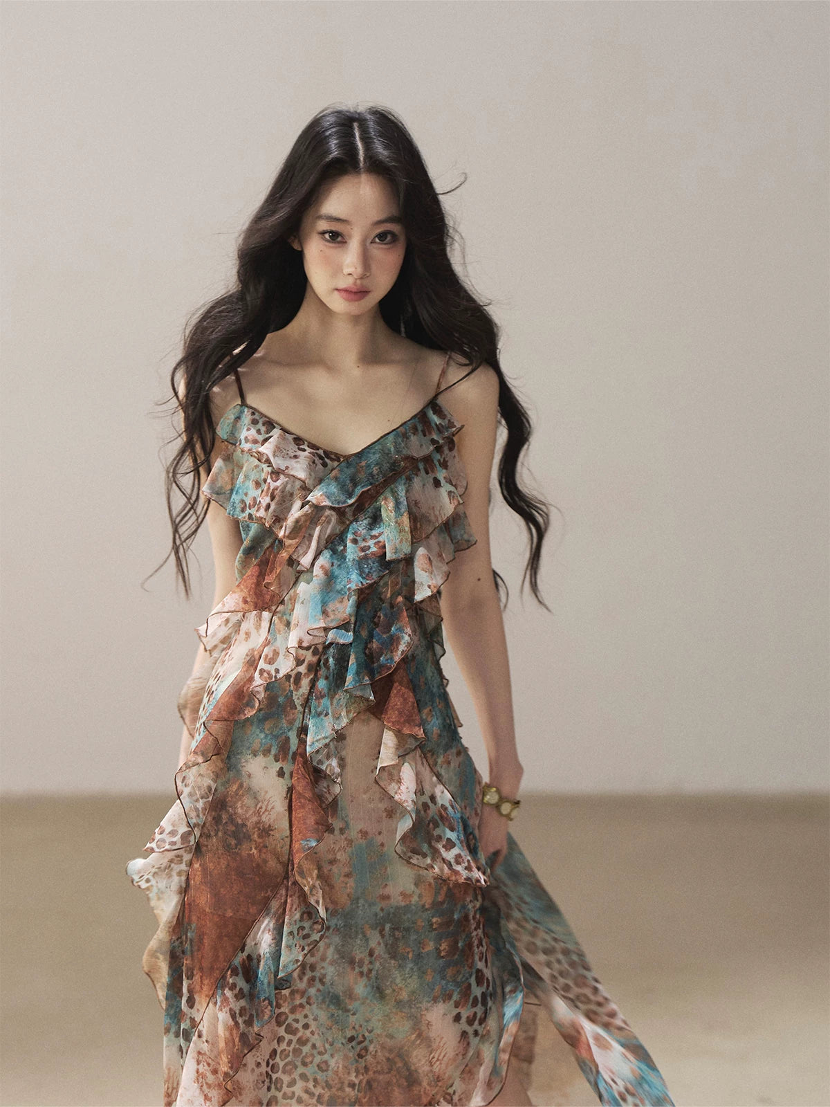 "She Never Looks Back" Peacock Blue Leopard Chiffon Maxi Dress