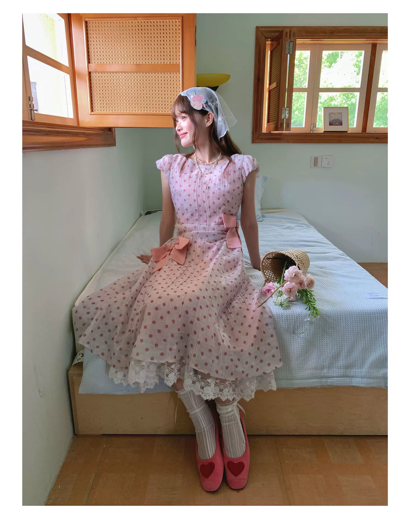 [RF] “Pink Mist Polka” Vintage Polka Dot Maxi Dress