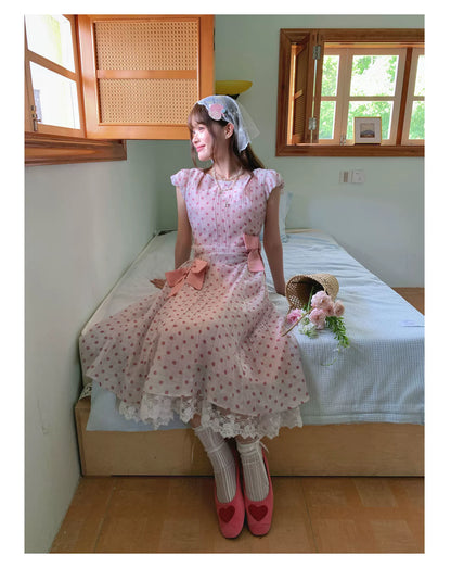 [RF] “Pink Mist Polka” Vintage Polka Dot Maxi Dress