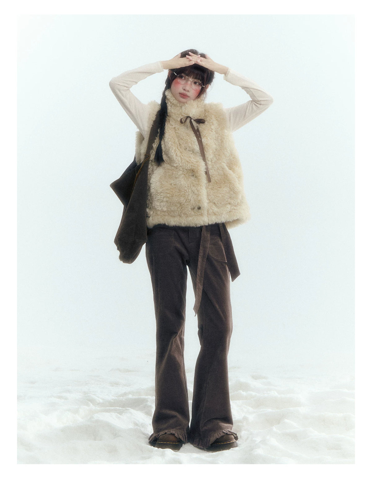 Floral Bow Lace-Tie Knit Top (Gray Floral / Light Khaki Beige)