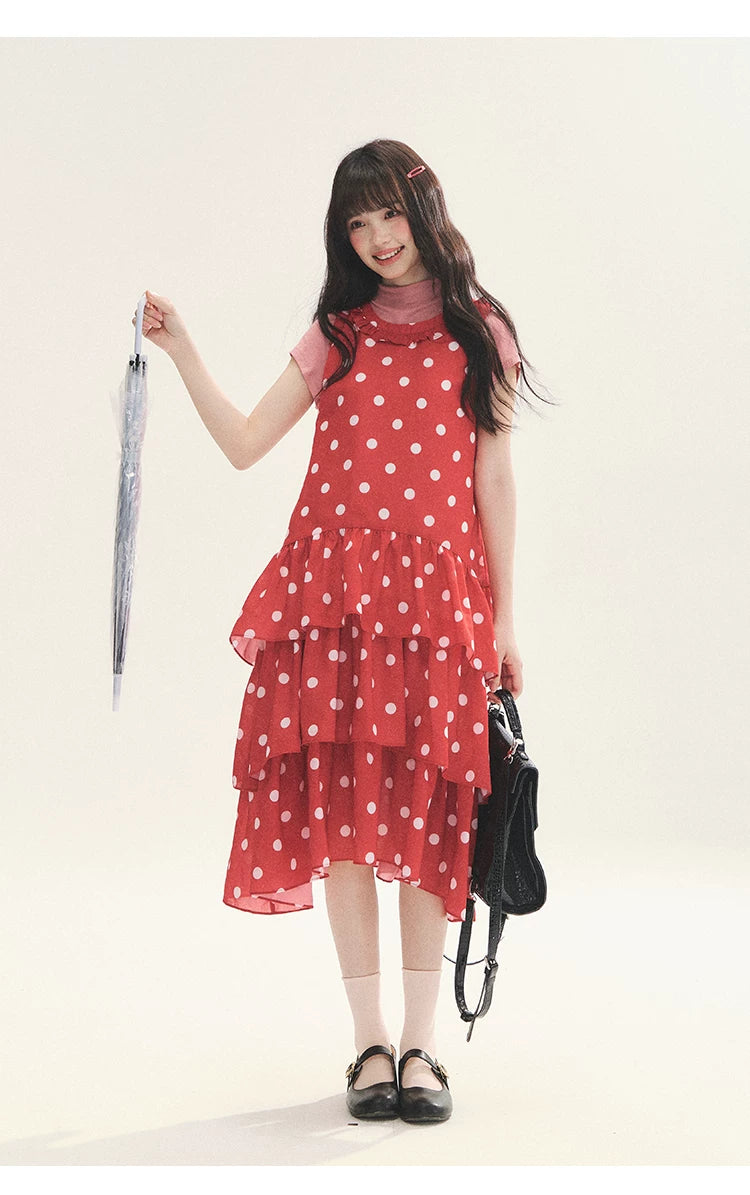 "Polka Dot Layers" Red Polka Dot Tiered A-Line Maxi Cami Dress