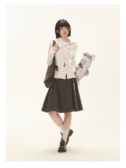 "Cotton Ruffle" Tea Apricot Asymmetric Knit Cardigan