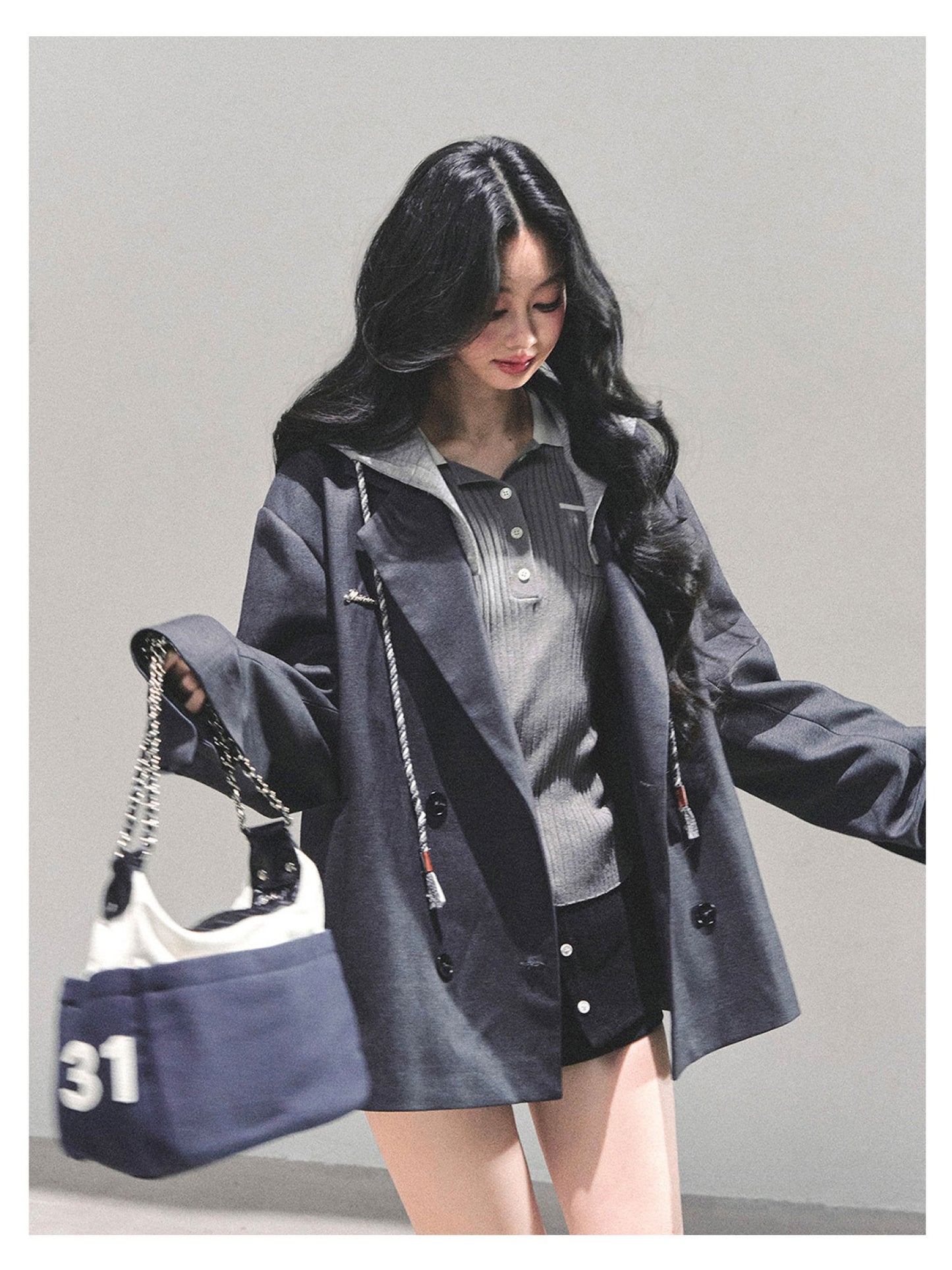 少也眼 "Minimal Silhouette" Hooded Blazer - Gray