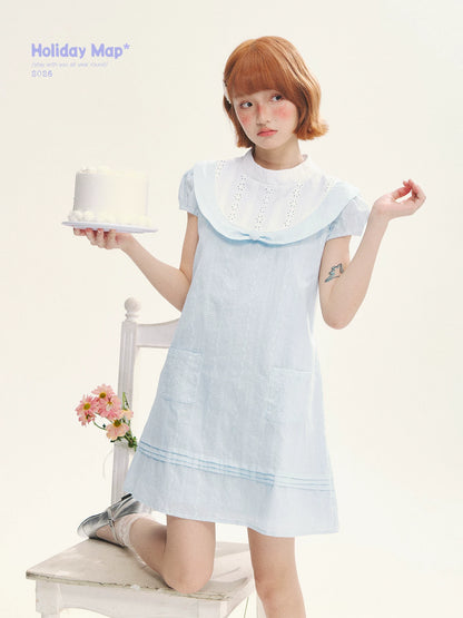 "Sea Salt Fizz" Baby Blue Cutout Embroidered Peter Pan Collar Puff Sleeve A-Line Dress