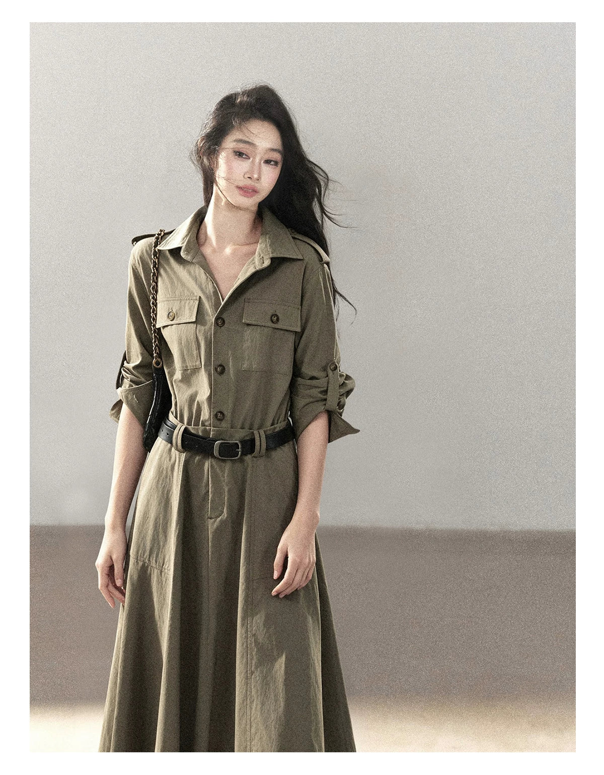 AOMALM - Sandstone Brown Utility Polo Shirt Dress with Belt