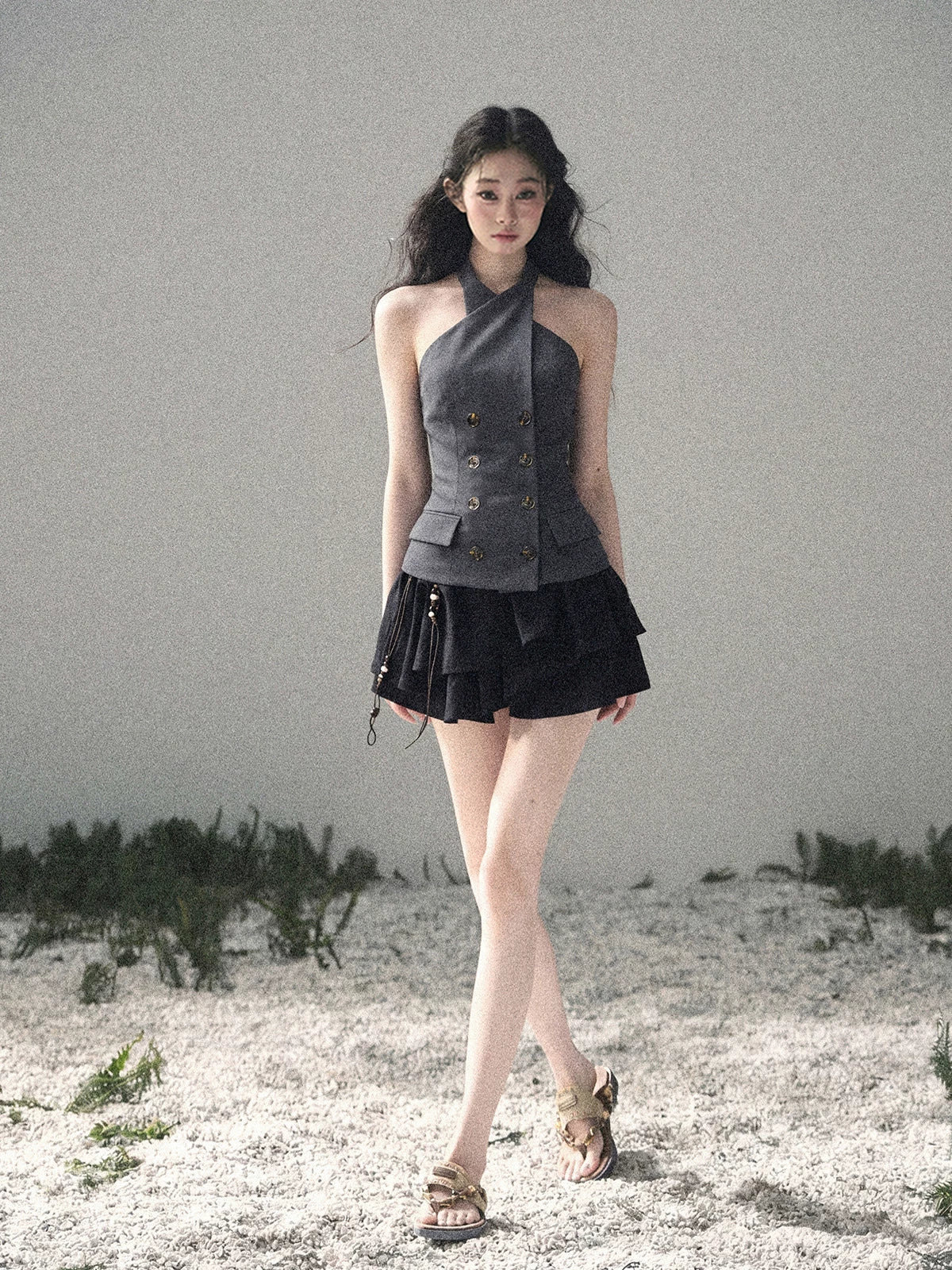 "The Unsent Letter" Deep Slate Gray Halter Tailored Top