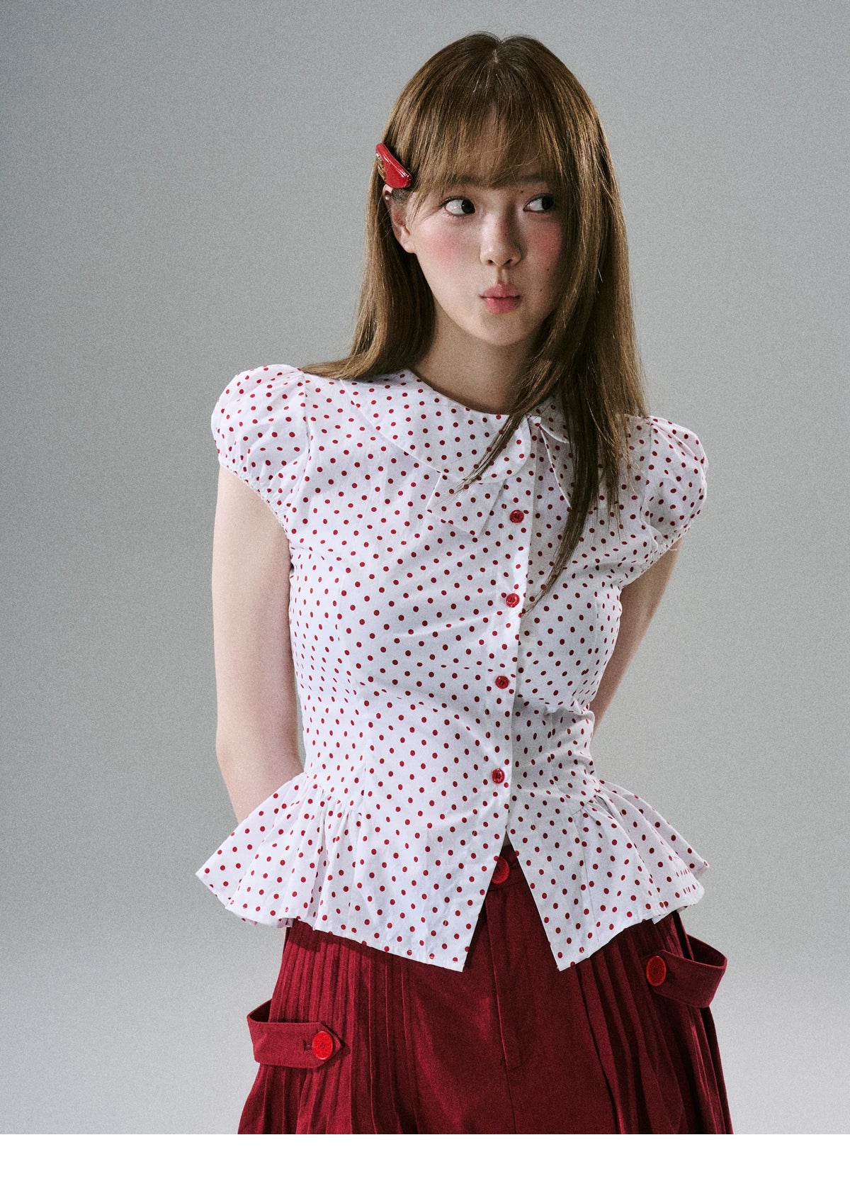 LOST FOREST - White & Red Polka Dot Asymmetrical Cotton Blouse