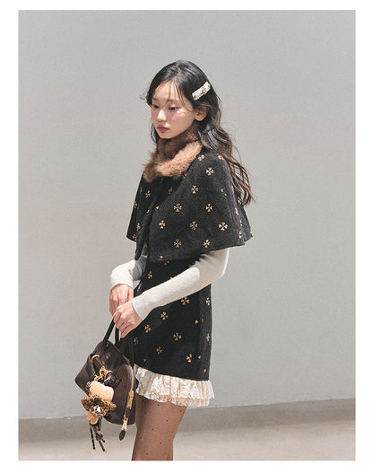 少也眼 “Snowy Night Waltz” French-Style Wool Dress with Detachable Fur Cape